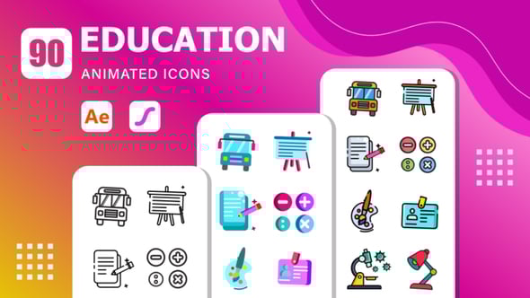 Videohive 90 Education Animated Icons | After Effects Template & Lottie Animation