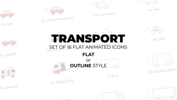 Videohive Transport – Set of 16 Animated Icons Flat or Outline style