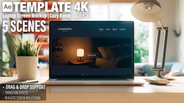 Videohive Laptop Screen Mockup in Cozy Room – Website or Application Promo – 5 Scenes AE Template