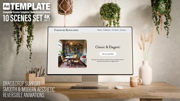 Videohive Computer Monitor Screen Replacement Template | Boho Rustical Room | 10 Scenes Set