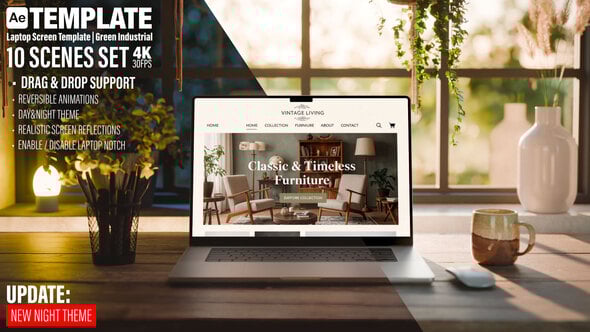 Videohive Laptop Screen Mockup | Industrial Room | Day & Night 10 Scenes Set | AE Template