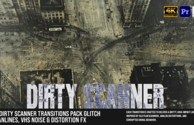 Videohive 20-Dirty Scanner Transitions Pack – Glitch Scanlines, VHS Noise & Distortion FX For MOGRT