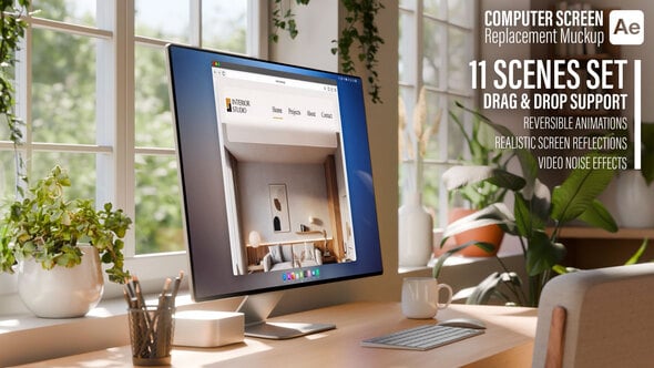 Videohive Computer Monitor Screen Mockup | Bright Home Office Workspace | Ae Template | 11 Scenes