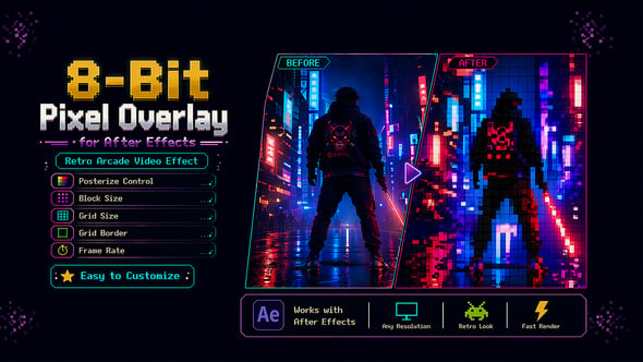 Videohive – 8-Bit Pixel Overlay for After Effects – Retro Arcade Video Effect